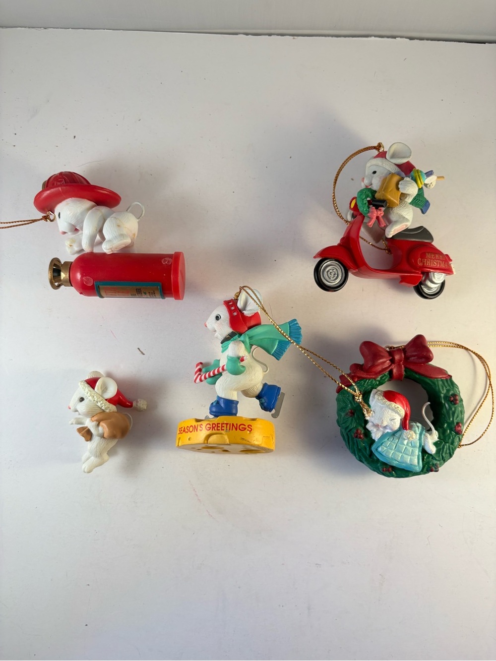 VTG Lot of 5 Lustre Fame 1990s Christmas Ornament Mouse Mice Scooter Firefighter